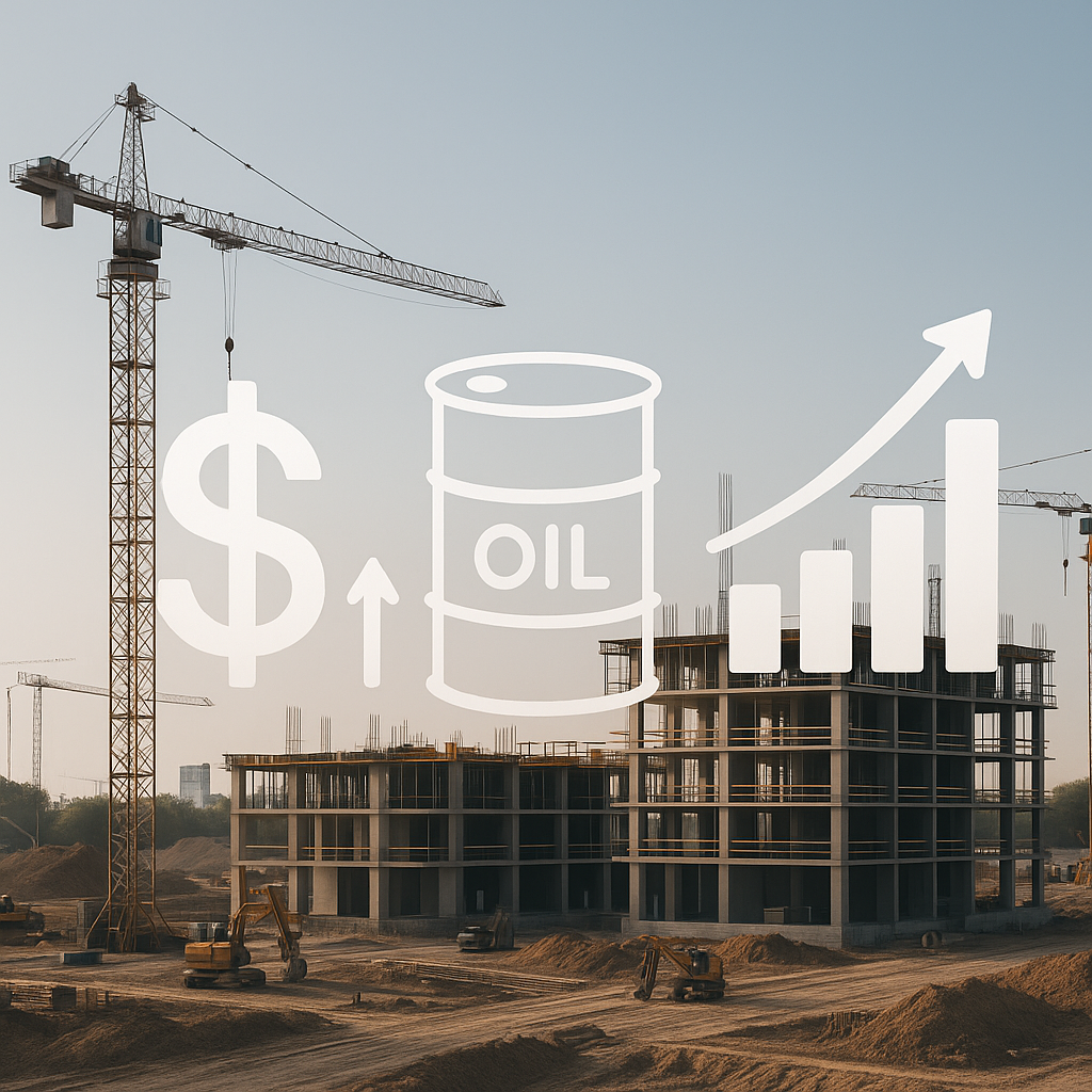 An AI-generated image of a construction site with rising inflation symbols (dollar signs, oil barrels, graphs) overlayin...
