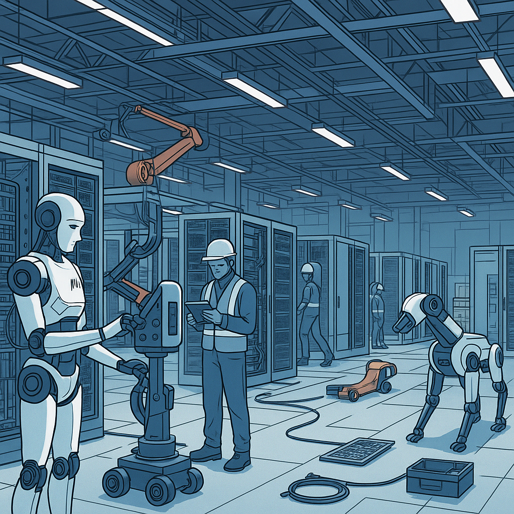 A futuristic data center under construction, with robotic machinery and AI-driven tools assisting workers in a large ind...