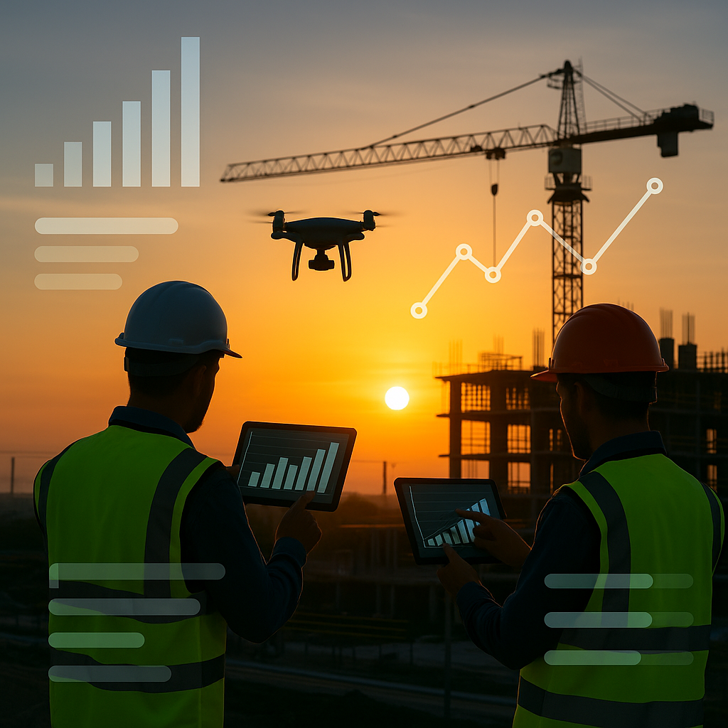 A construction site at sunset with workers using tablets and drones, overlayed with digital graphs and progress bars.