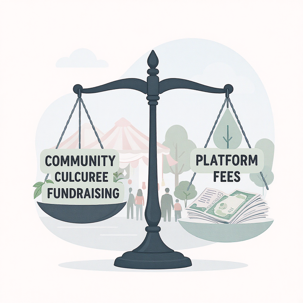 An illustration showing a scale balancing 'Community Fundraising' on one side and 'Platform Fees' on the other, with com...