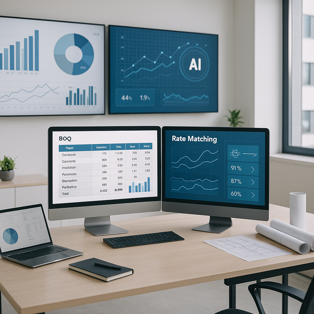 An AI-generated image of a modern construction office with digital screens showing BOQ data, charts, and AI-driven rate...