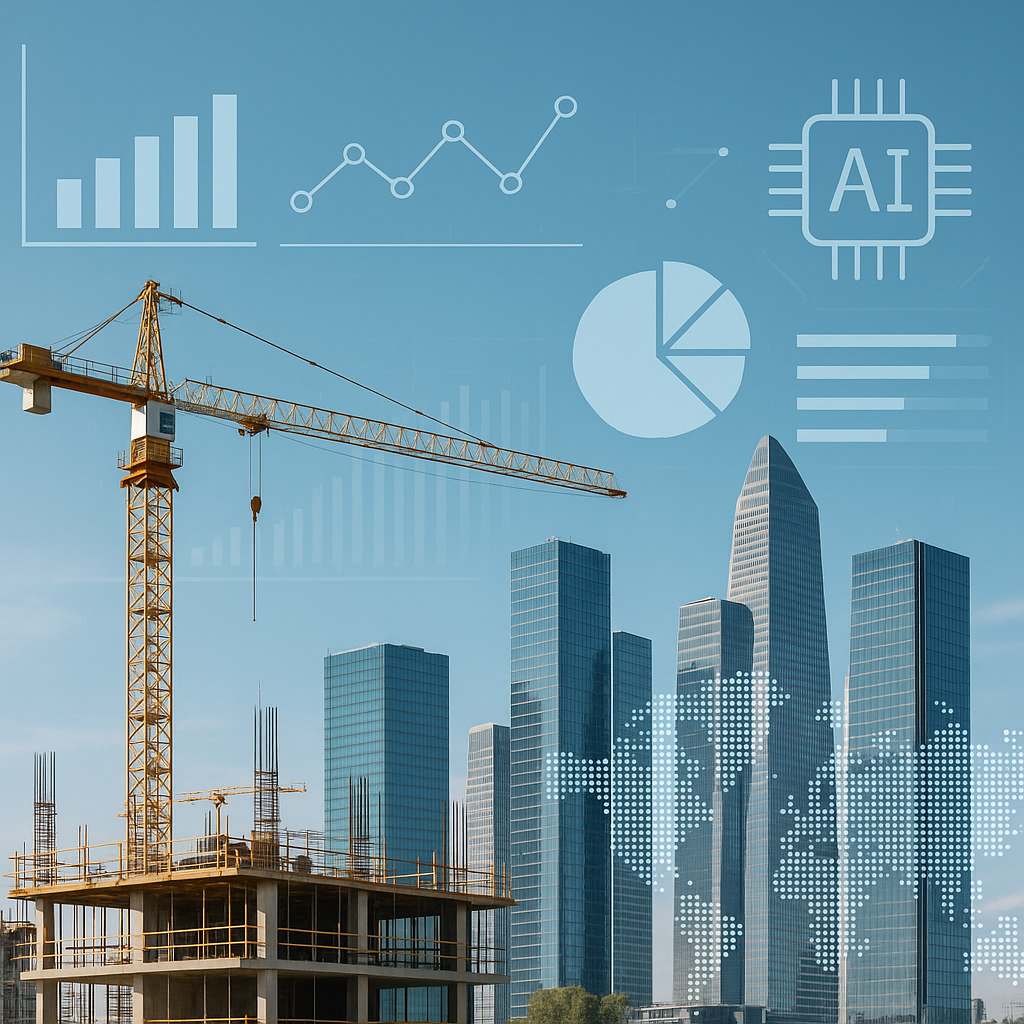 A construction site with skyscrapers in the background, overlaid with digital elements like data charts and AI icons, re...