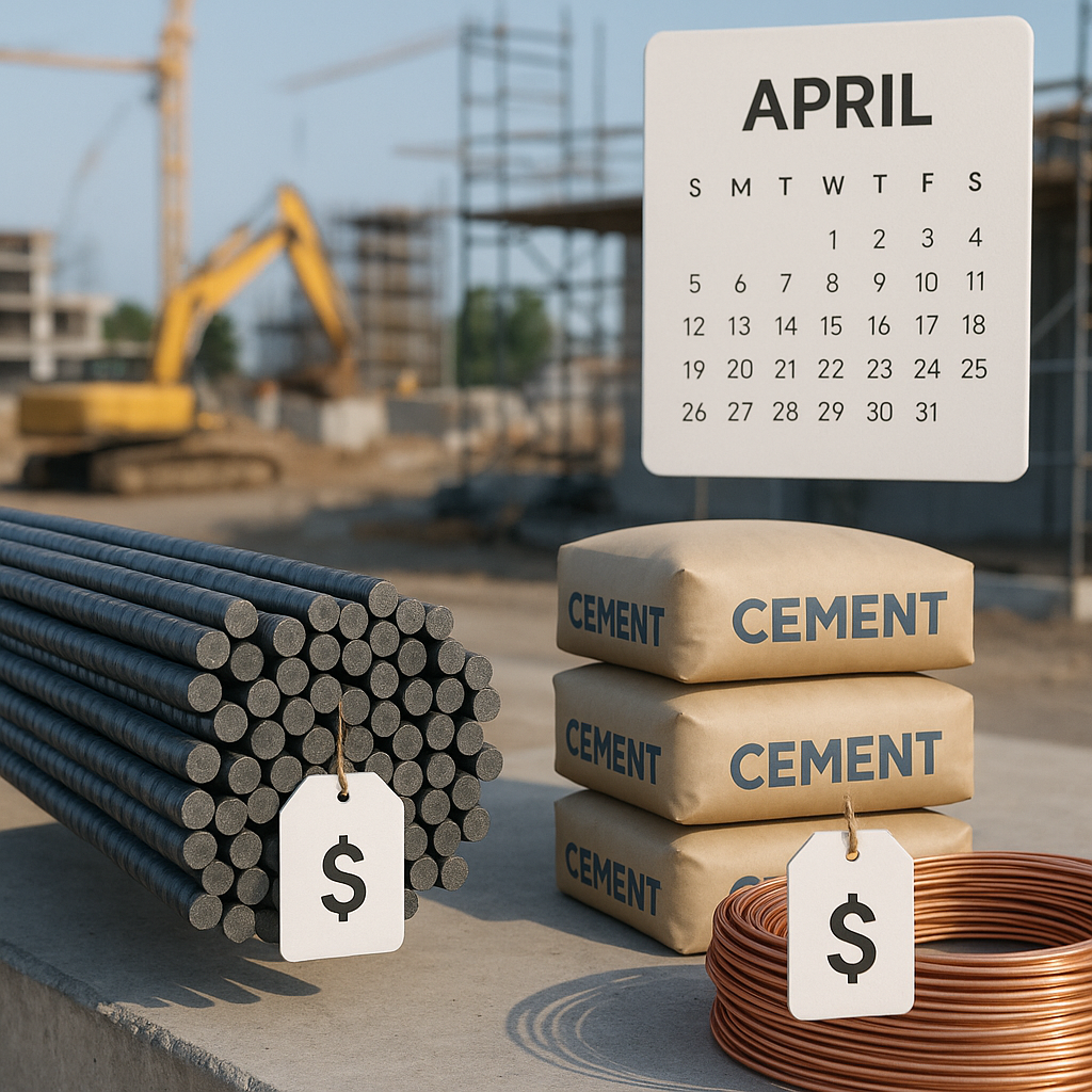 A construction site in April with visible price tags on steel rebar, cement bags, and copper wiring. Include a calendar...