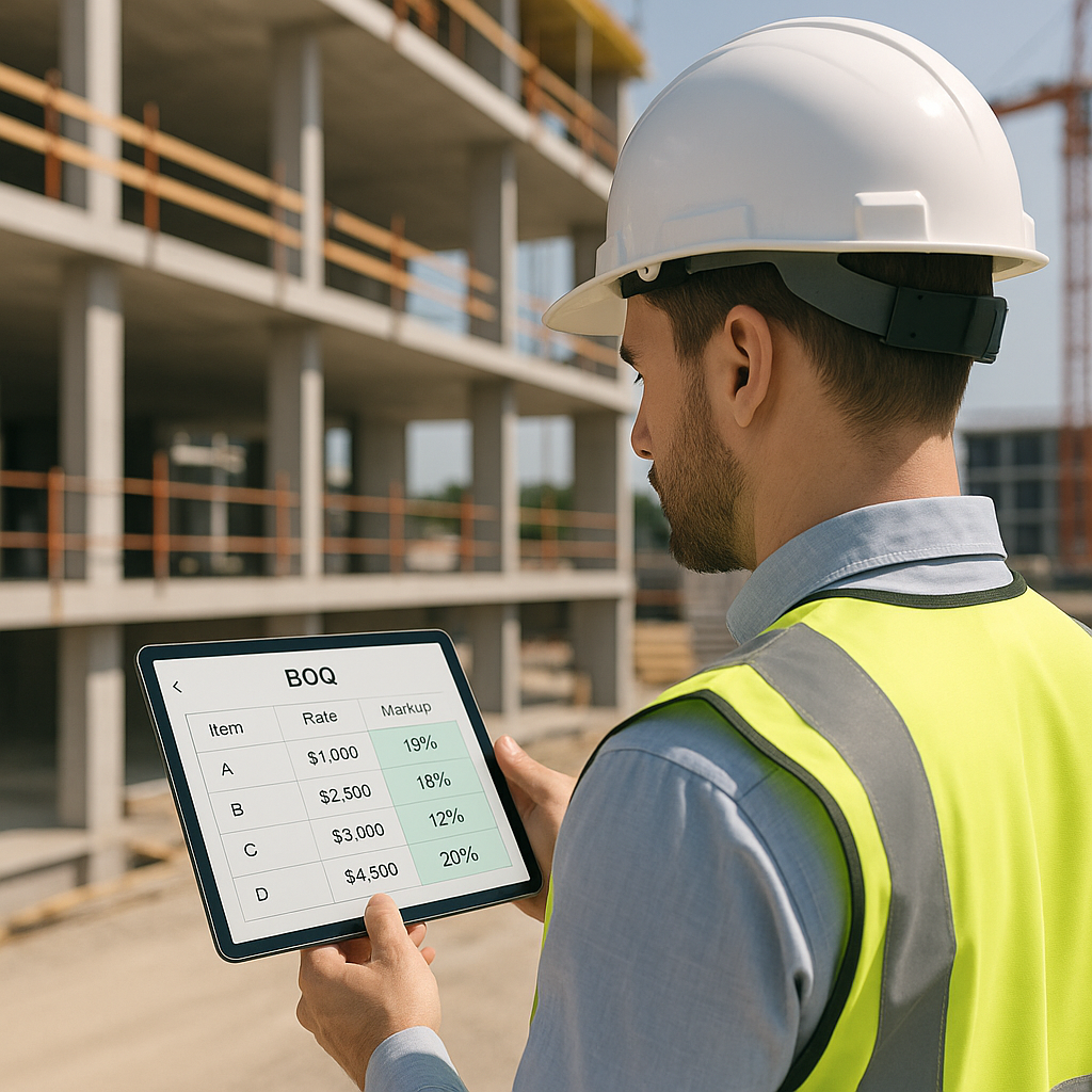 A construction estimator reviewing a digital BOQ on a tablet, with markup percentages highlighted on the screen. Backgro...