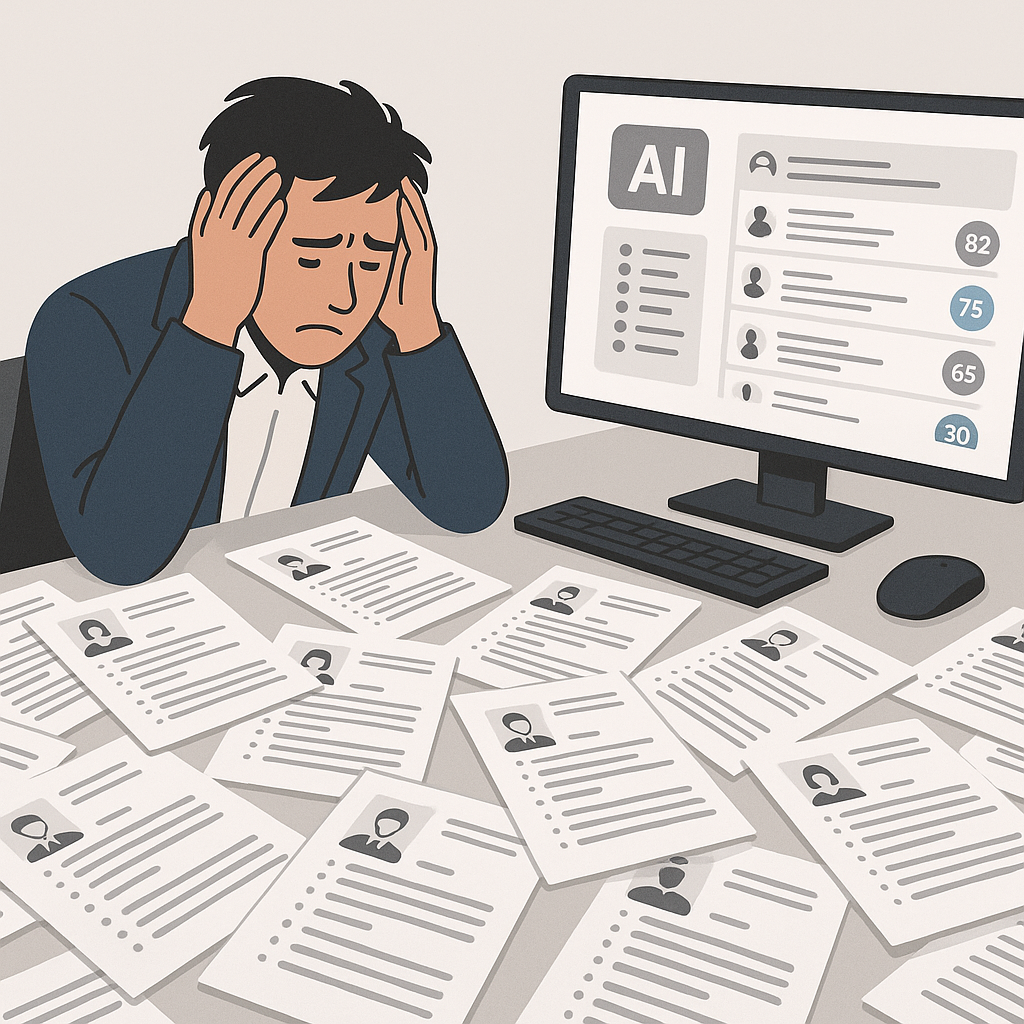A recruiter sitting at a desk with hundreds of resumes scattered around, looking stressed, while a computer screen shows...