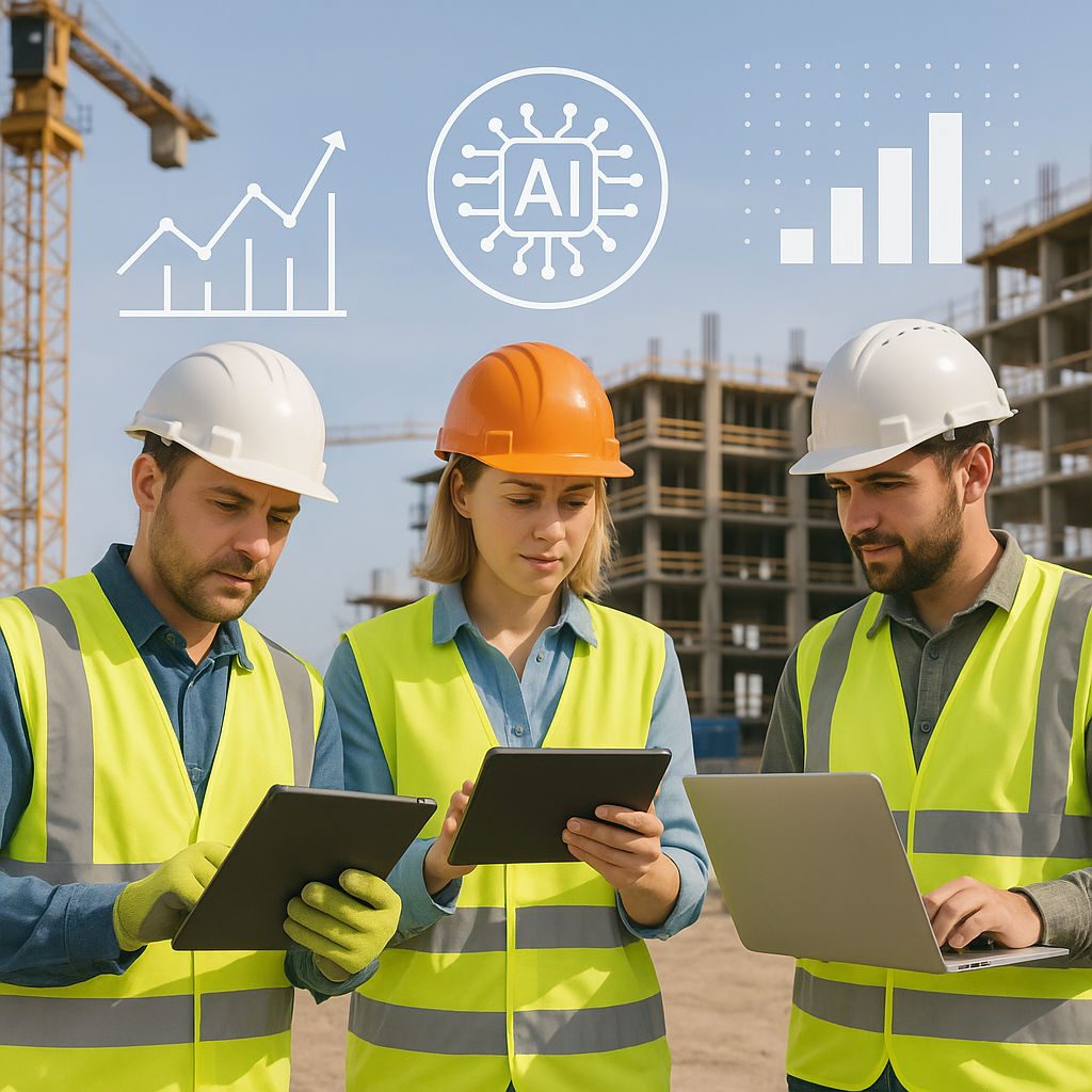 A construction site with workers using tablets and laptops, surrounded by graphics of data charts and AI icons, symboliz...