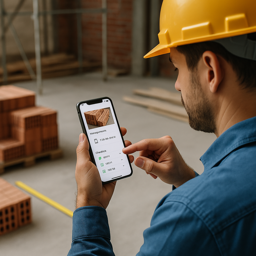 A contractor on-site using a mobile app to build a BOQ, with a clear view of materials, measurements, and a checklist on...