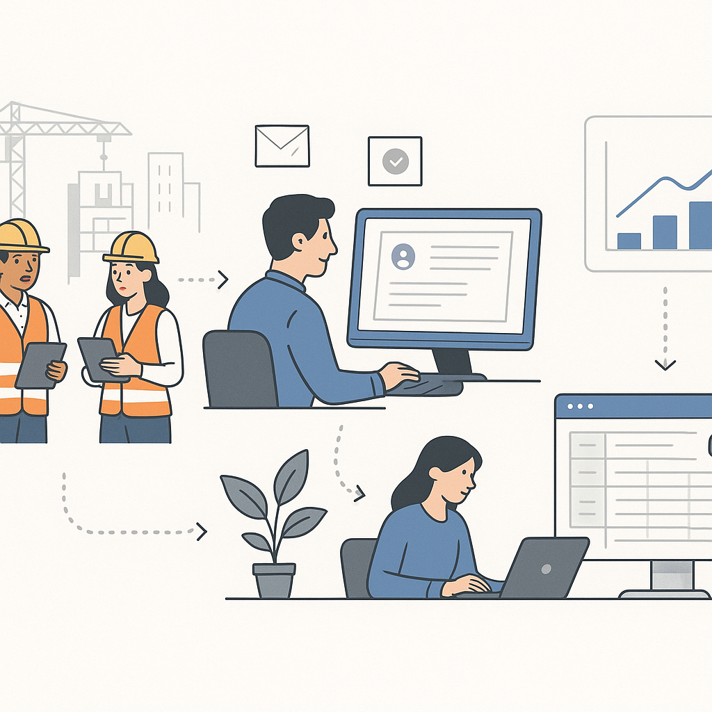 A detailed illustration of a contractor's procurement workflow: site teams raising material requests, vendor quotes arri...