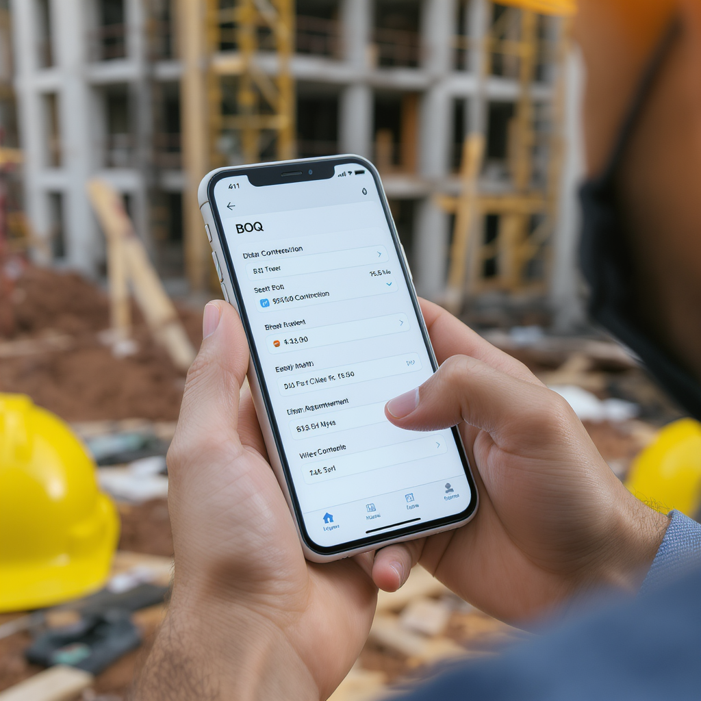 A contractor holding a smartphone on a construction site, actively entering BOQ data into an app, with visible construct...