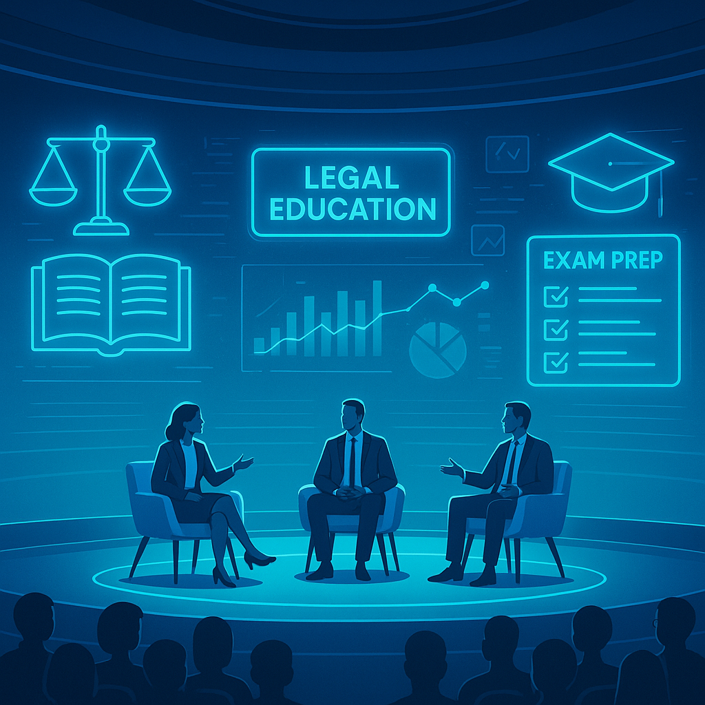 A futuristic conference stage with speakers discussing legal education, surrounded by holographic analytics and exam pre...