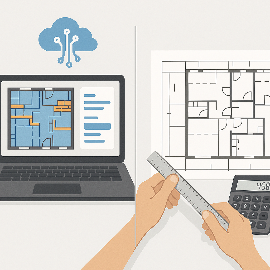 An AI-powered tool extracting quantities from a complex construction blueprint, with side-by-side comparison to a manual...