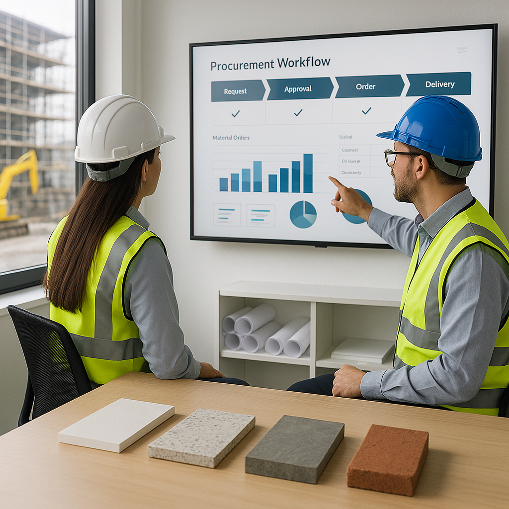 A construction site office with engineers reviewing digital procurement workflows on a large screen, alongside physical...