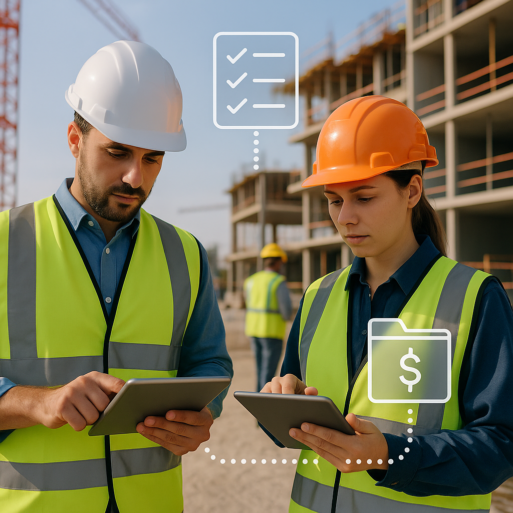 A construction site showing workers using tablets to manage procurement workflows, with icons representing digital appro...