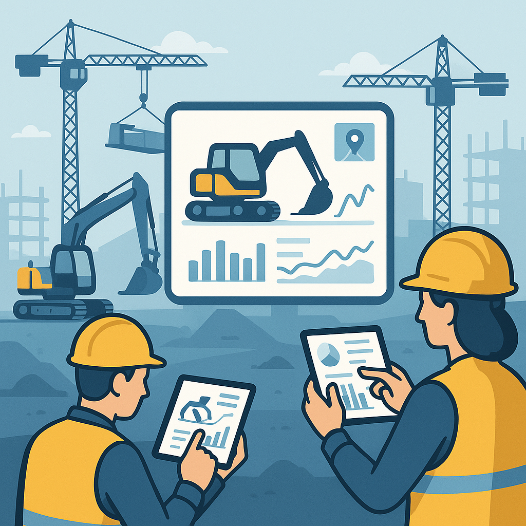 A detailed illustration of construction equipment (cranes, excavators) being tracked via a digital dashboard on-site, wi...