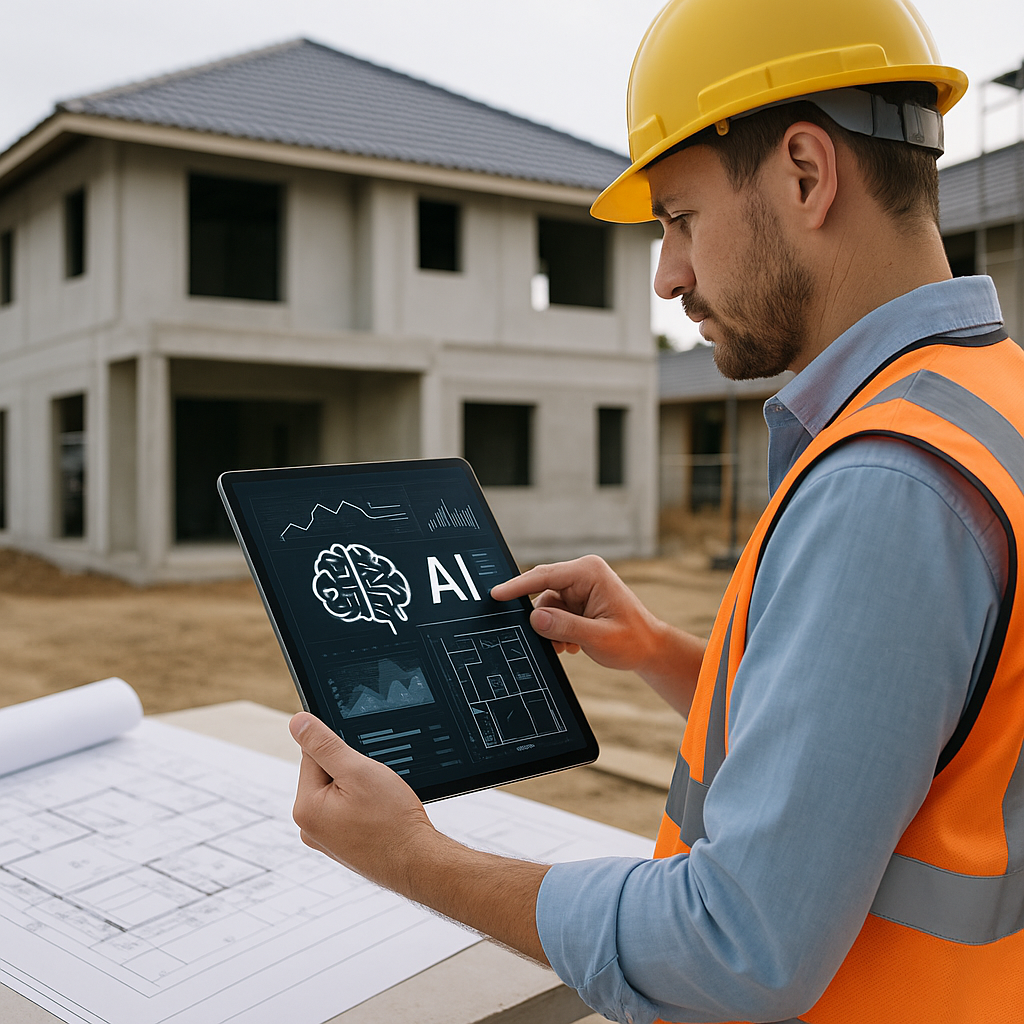A residential contractor using a tablet with AI construction software on-site, surrounded by blueprints and a partially...