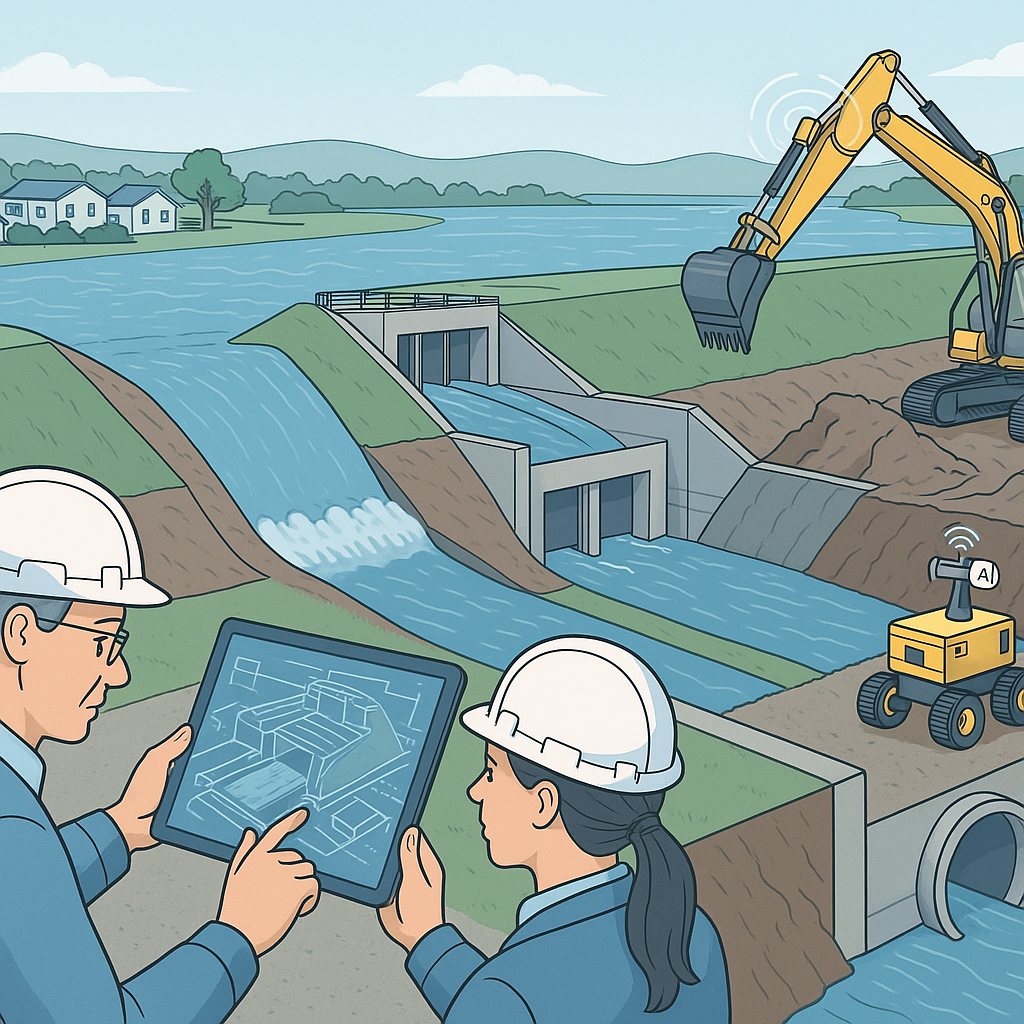 A detailed illustration of a floodwater infrastructure project in Virginia, showcasing levees, drainage systems, and AI-...