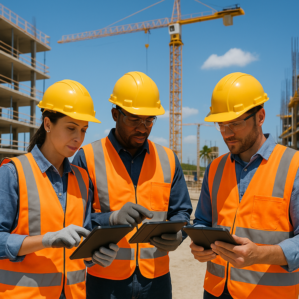A construction site in Florida with workers reviewing a punch list on tablets, showcasing modern tools and sunny weather...