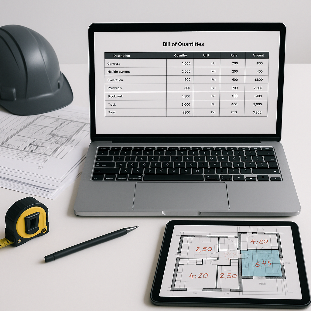 A detailed construction desk setup with a laptop showing a BOQ template, a stack of printed drawings, and a digital tabl...