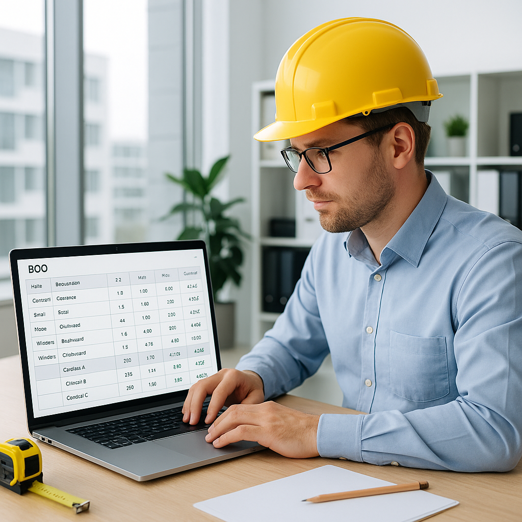 A construction estimator in a modern office, using a laptop with a clear digital BOQ interface showing rate matching acr...