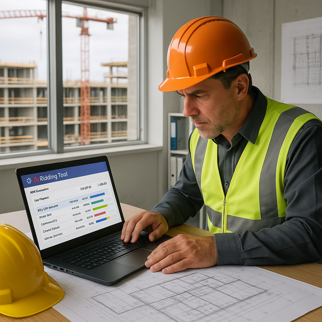 A detailed image of a construction site office with blueprints, a laptop showing an AI-powered bidding tool interface, a...