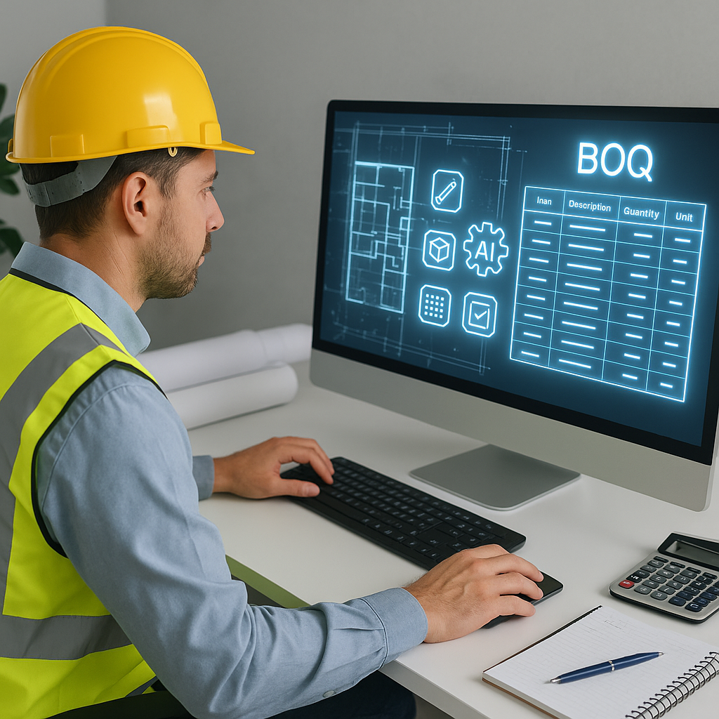 A construction estimator at a desk with a computer screen displaying AI-powered takeoff software, highlighted by a glowi...