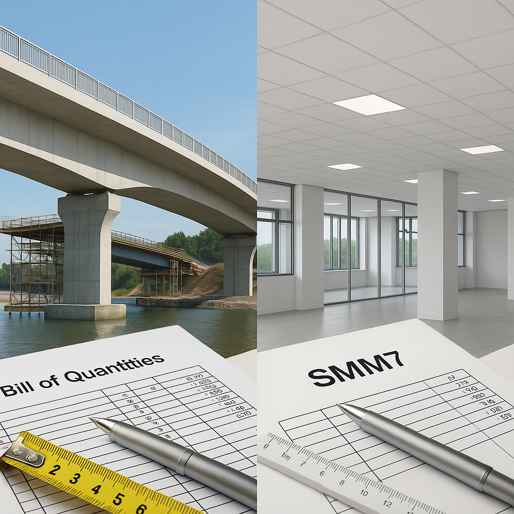 A split-screen image showing a civil engineering project (e.g., a bridge) labeled CESMM3 on one side, and a building int...