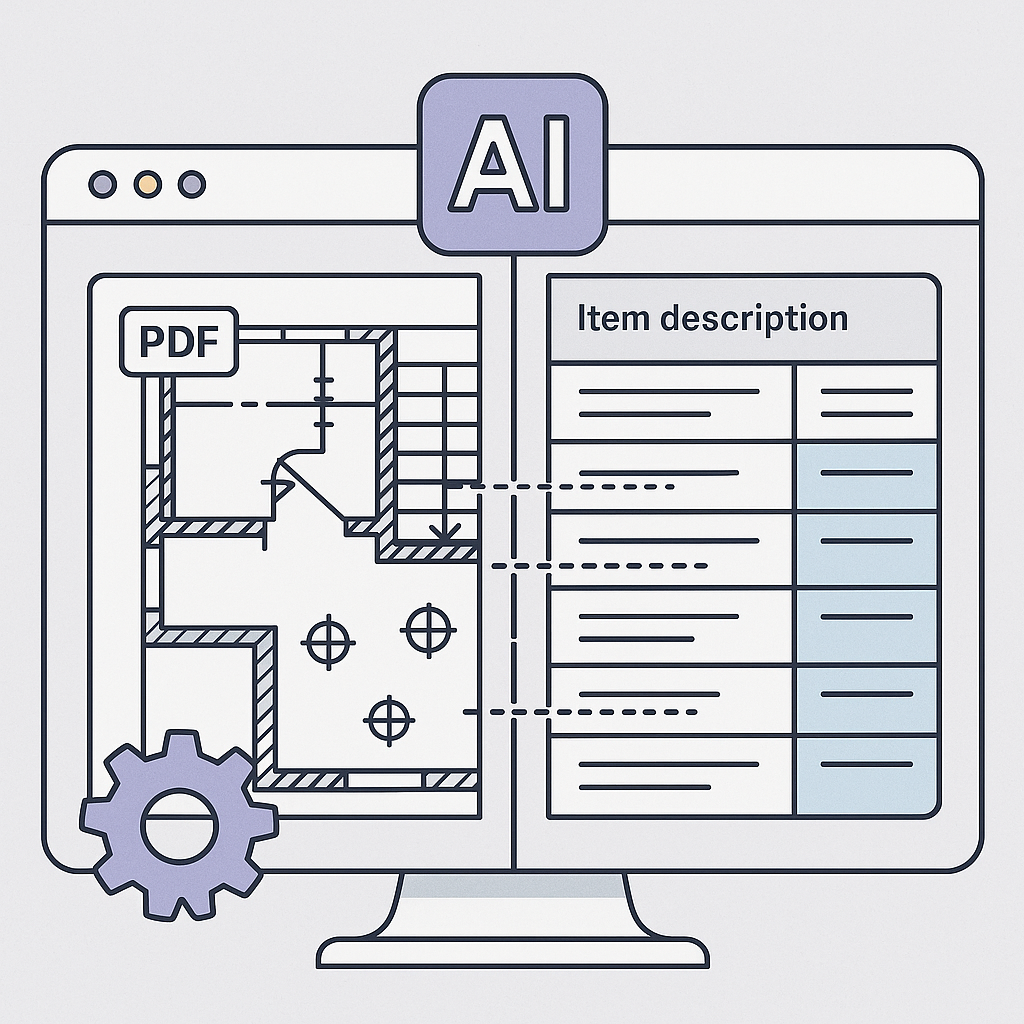 A detailed illustration of an AI-powered construction estimation tool parsing a civil works BOQ, featuring a split-scree...