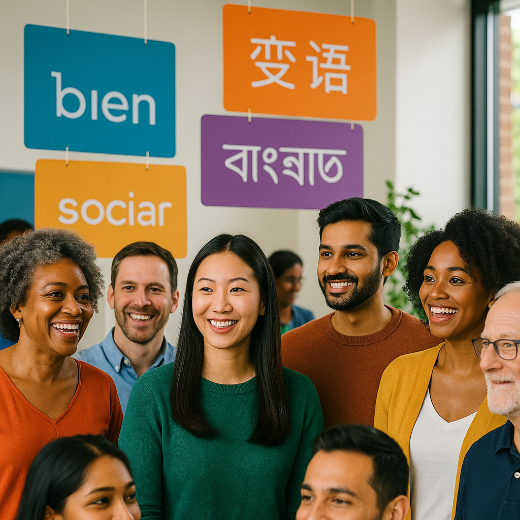 A diverse group of people at an event with multilingual signage in English, Mandarin, Bengali, and Spanish. Vibrant, inc...
