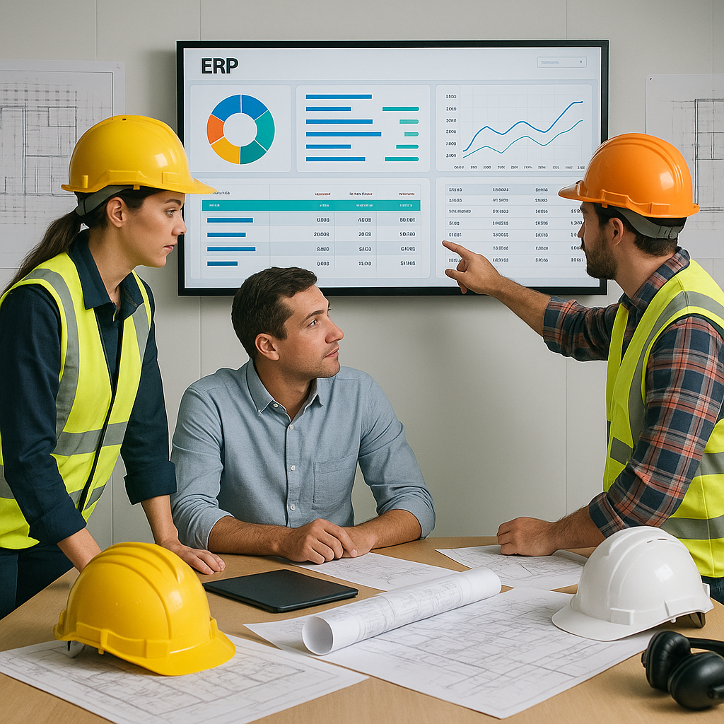 A construction team in a site office, reviewing project data on a large screen displaying an ERP dashboard, surrounded b...