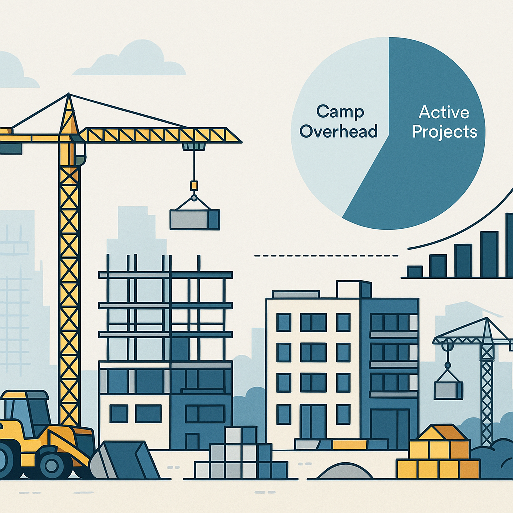 A detailed illustration of a construction site with an overlay showing cost allocation between camp overhead and active...