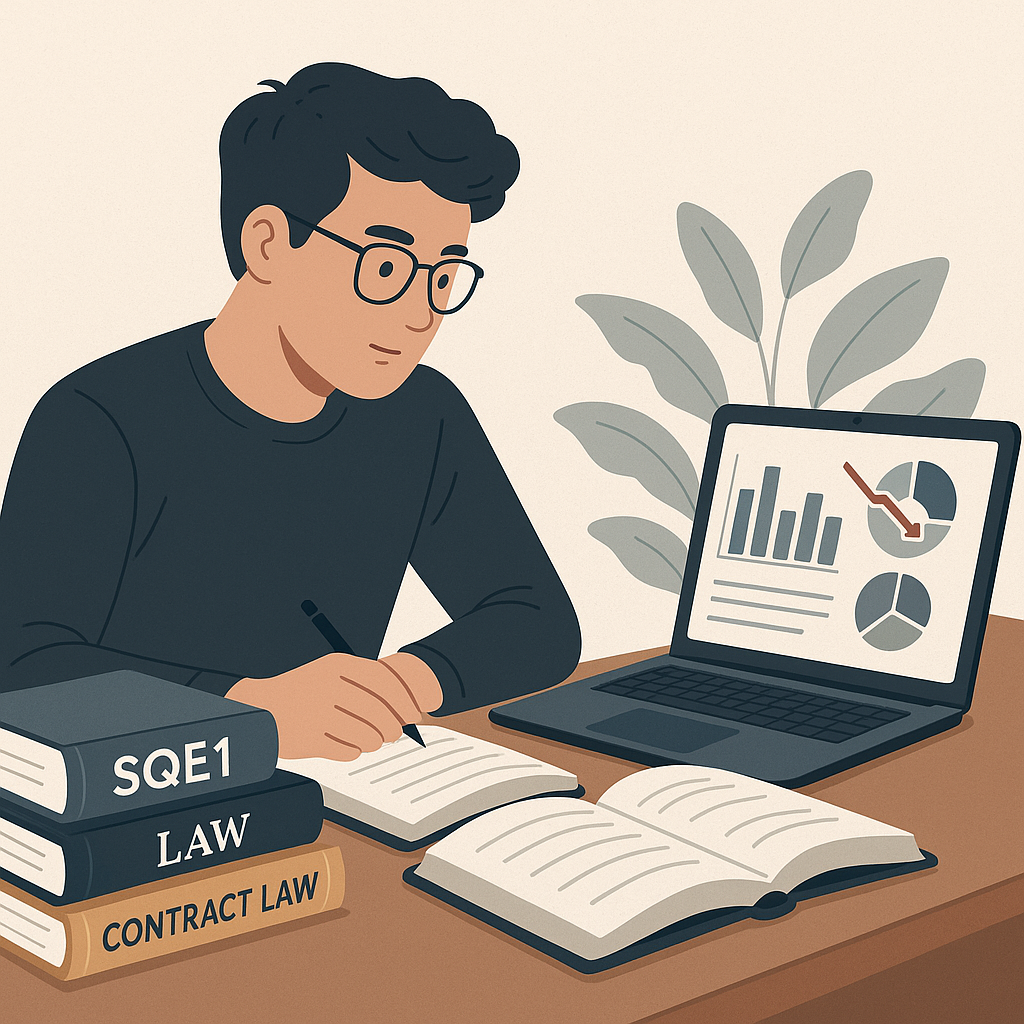 A detailed illustration of a person studying for the SQE1 exam at a desk, surrounded by textbooks and a laptop showing r...