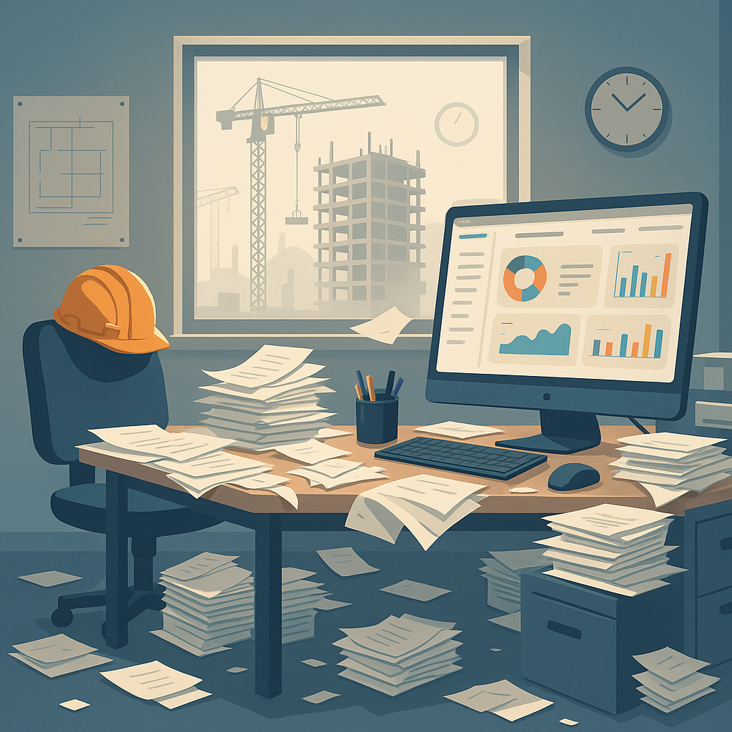 A digital illustration of a construction site office with a chaotic desk filled with papers and a computer screen showin...