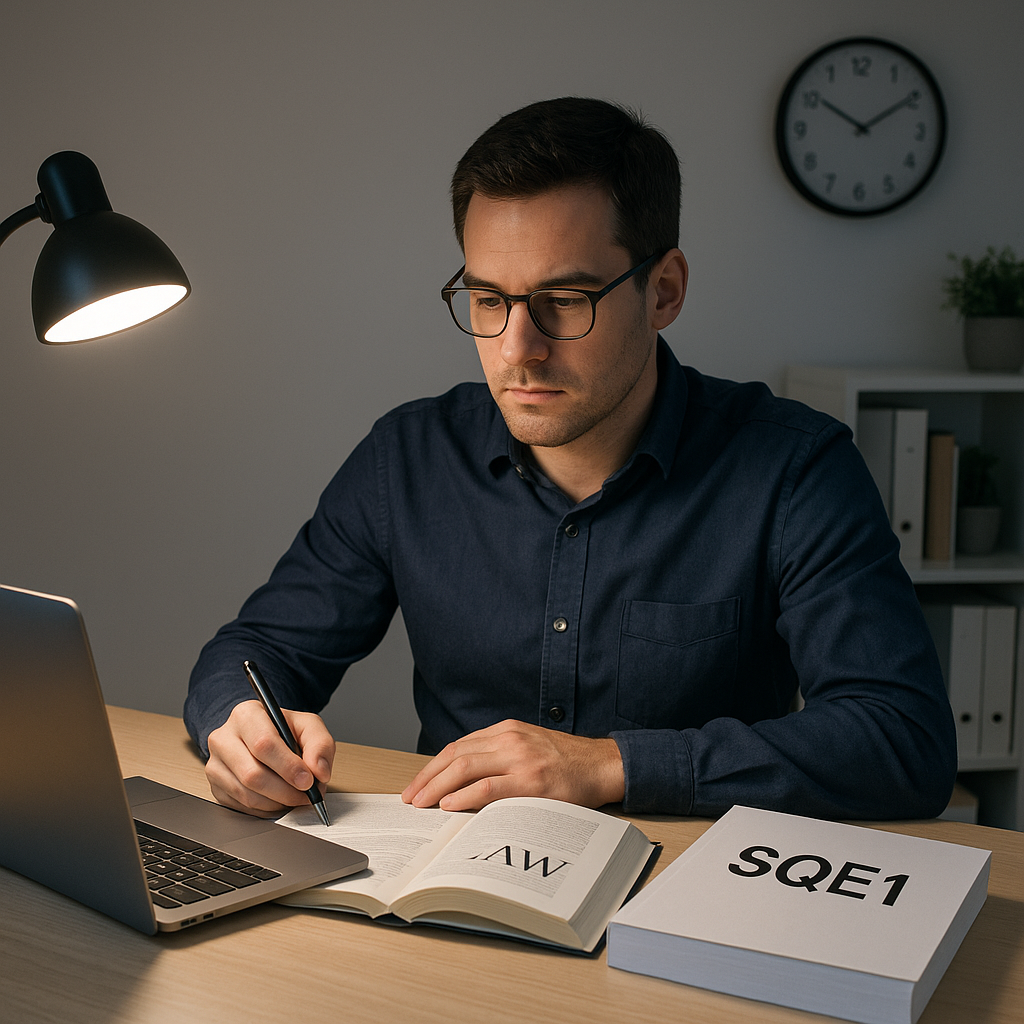 A mid-30s professional sitting at a desk, studying law with a laptop open. A coffee cup, SQE1 study materials, and a clo...
