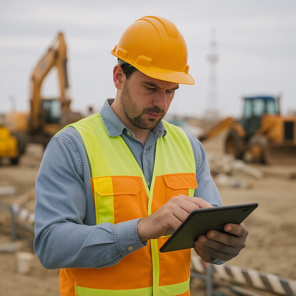 A construction supervisor on a remote job site using a mobile app on a tablet, surrounded by equipment, with no visible...