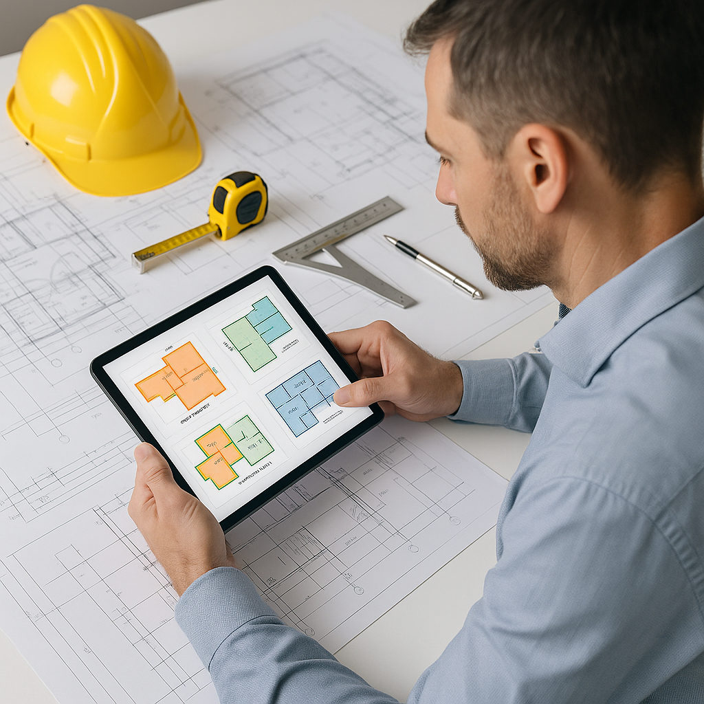 A construction estimator reviewing a tablet screen showing AI-generated takeoff diagrams, surrounded by blueprints and t...