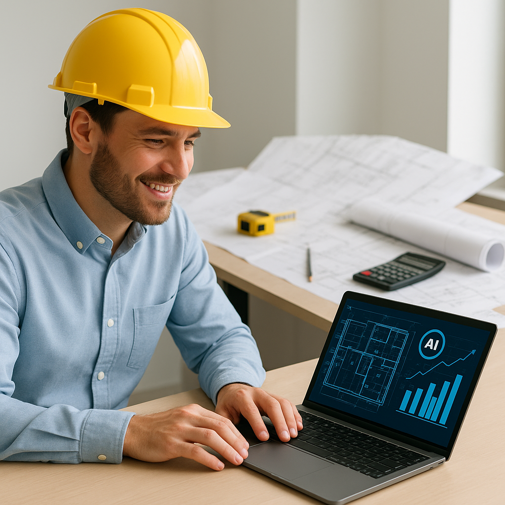 A construction professional at a desk, smiling at a laptop screen with digital blueprints and AI-driven metrics displaye...
