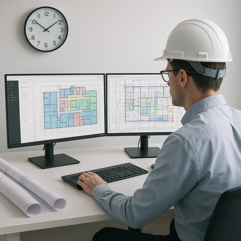 A construction estimator at a desk with dual monitors showing AI-powered takeoff software analyzing a complex blueprint,...