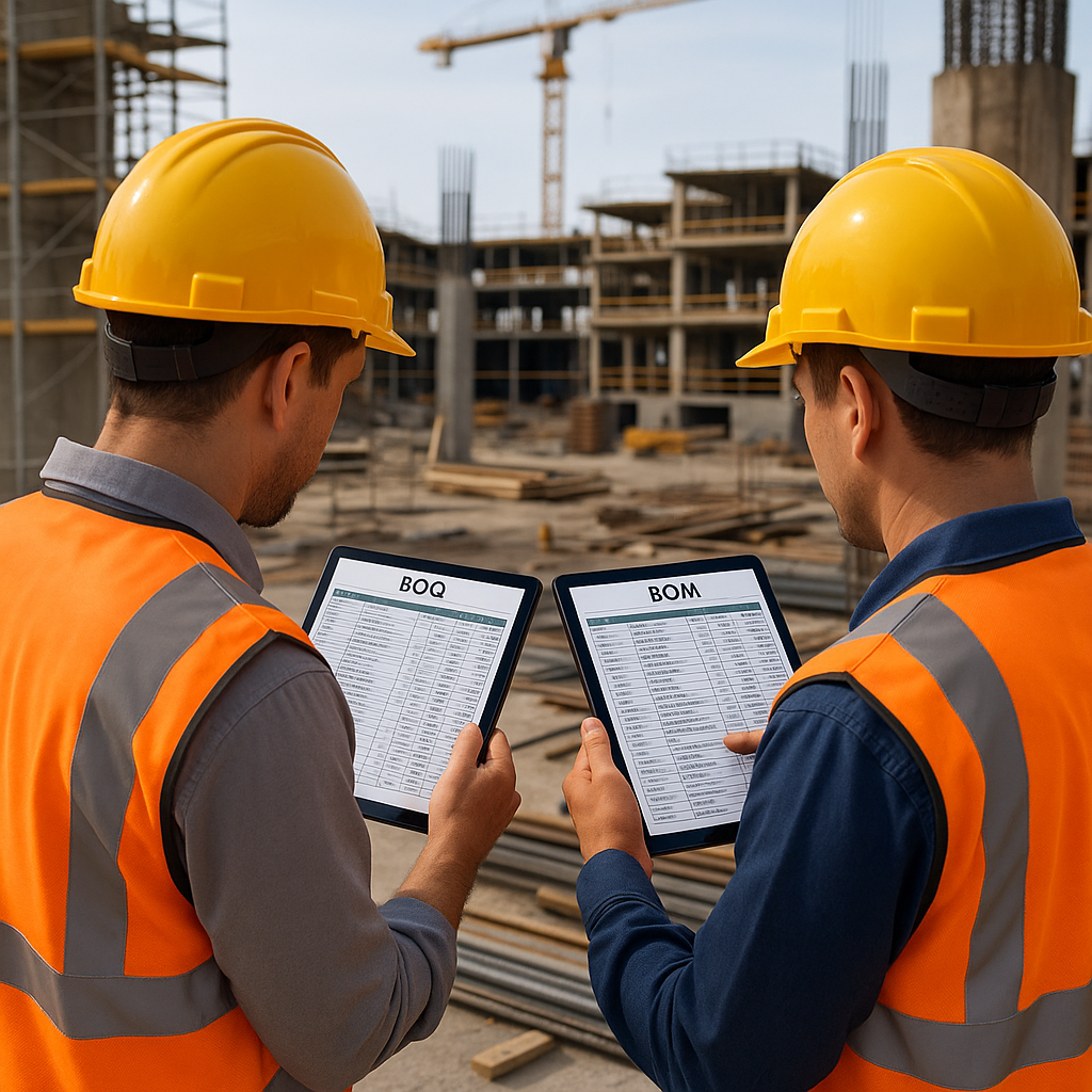 An AI-generated image of a construction project site with workers comparing detailed BOQ and BOM spreadsheets on tablets...