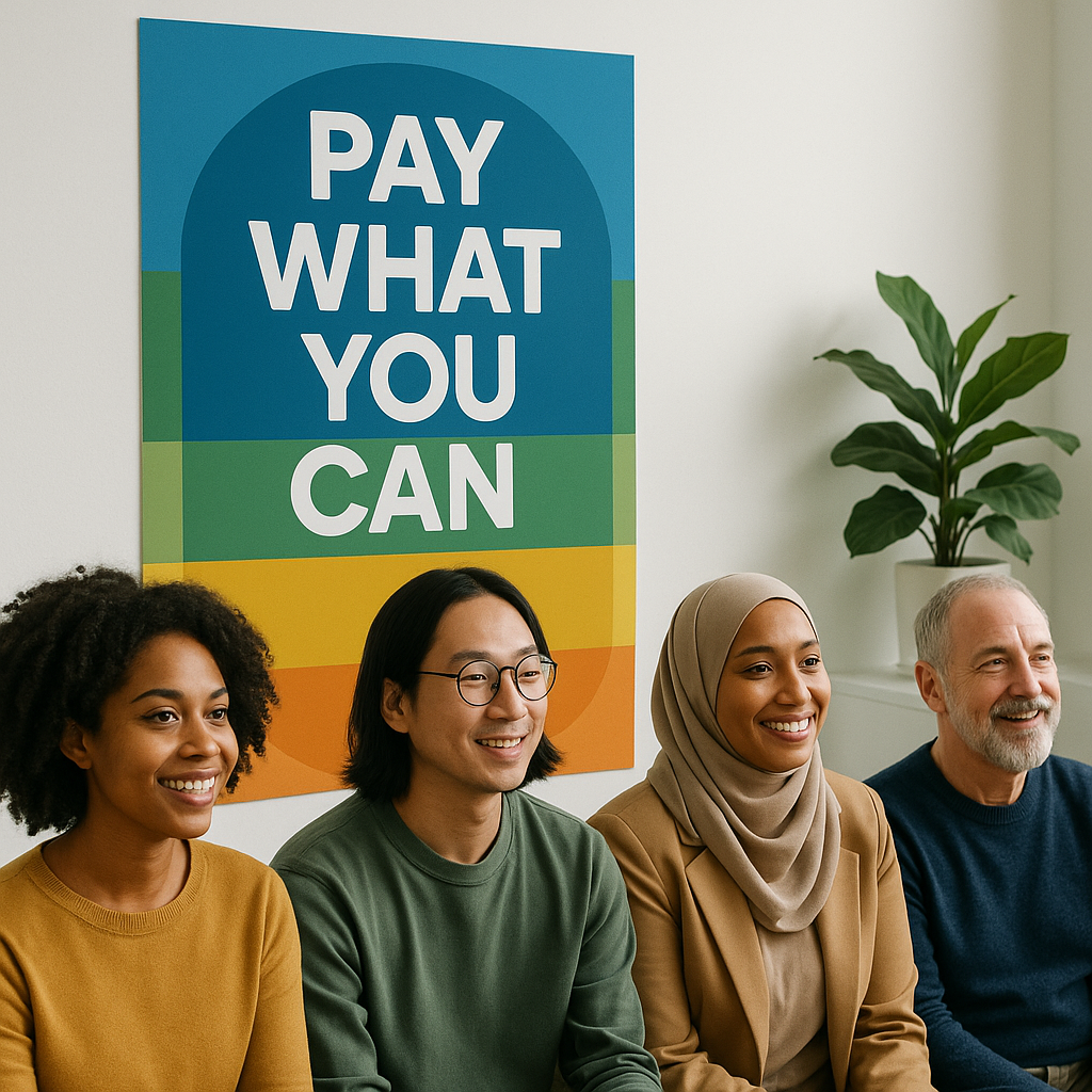 A diverse group of attendees at a community event, with a vibrant banner displaying 'Pay What You Can' pricing options....