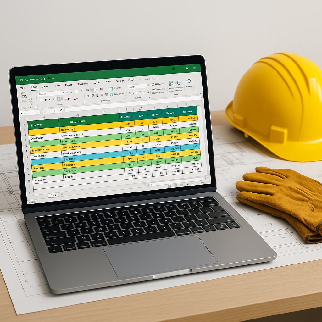 A clean, professional image of a laptop screen displaying a colorful Excel BOQ template, with construction blueprints an...