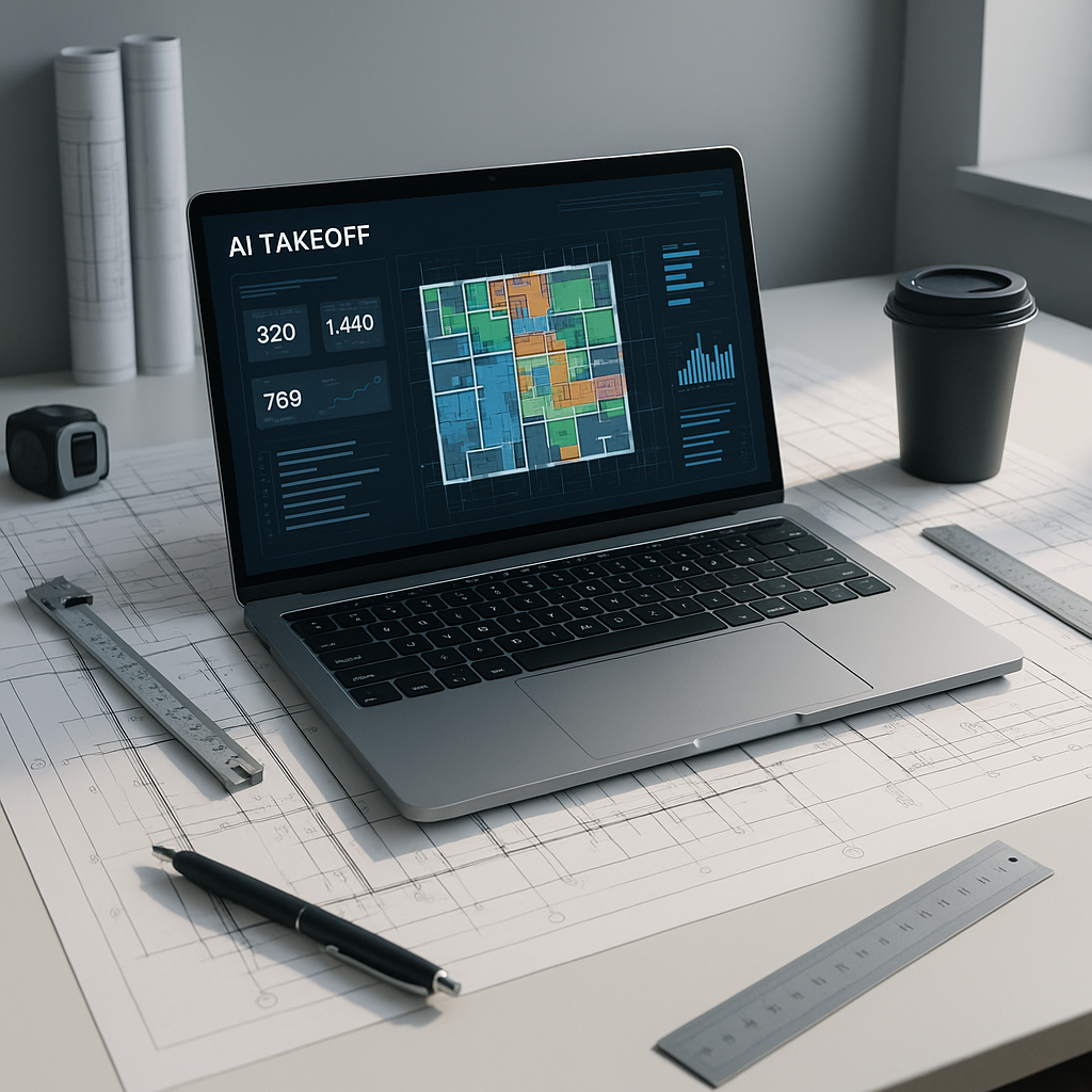 A futuristic construction estimator's desk featuring a laptop displaying AI-powered takeoff software, surrounded by deta...