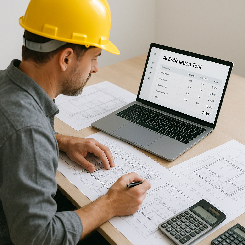 A contractor at a desk surrounded by project blueprints, calculators, and a laptop showing an AI-powered estimation tool...