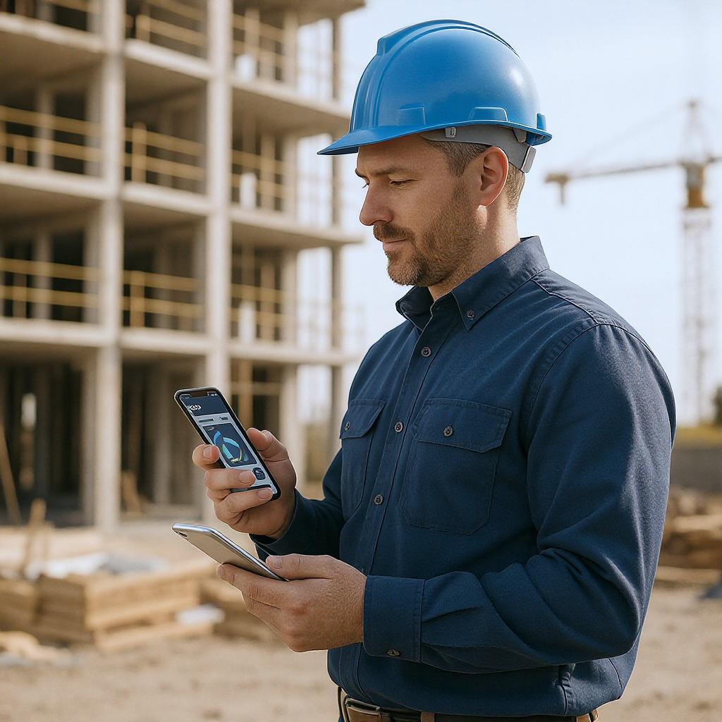 A contractor on a construction site using a mobile app on their phone, with a half-built building in the background and...