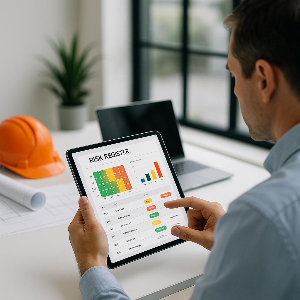 A construction estimator reviewing a digital risk register on a tablet, with charts and highlighted risks visible in a m...
