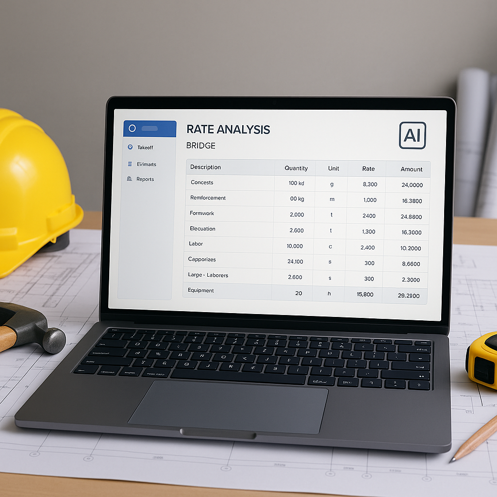 An AI-powered construction estimation tool on a laptop screen displaying a detailed rate analysis breakdown for a bridge...