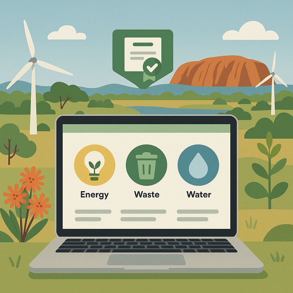 An illustration of a sustainable event certification process, showing a central dashboard with icons for energy, waste,...