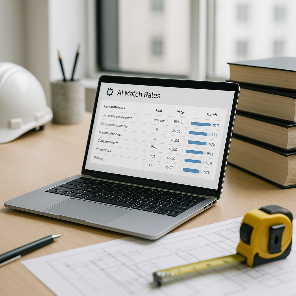 A dynamic image of a construction estimator's desk featuring a laptop screen showing AI software matching rates, with a...