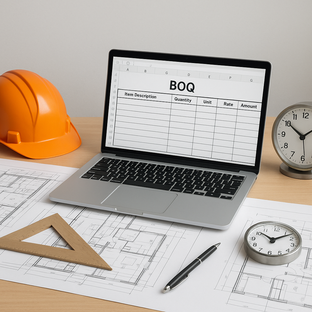 A detailed AI-generated image of a GC estimator's desk with blueprints, a laptop showing a BOQ template, and a clock sho...