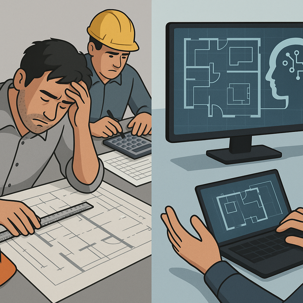A visually striking image of a construction project estimation scene, featuring two contrasting halves: one side shows f...