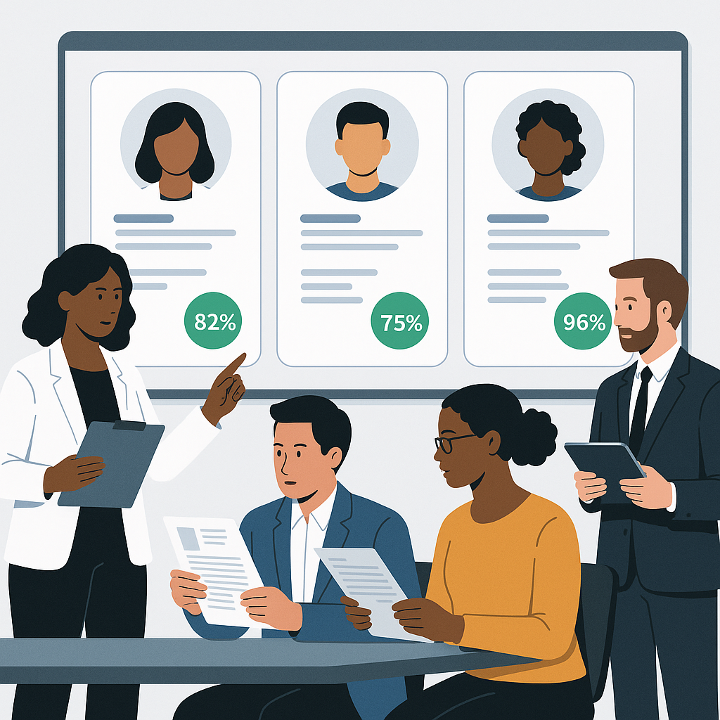 A diverse group of professionals reviewing resumes on a digital dashboard, with AI-generated candidate match scores disp...